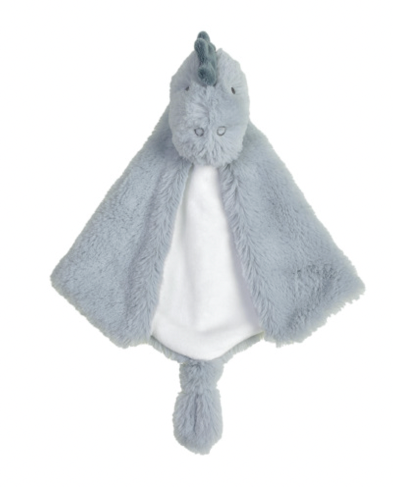 Happy Horse Dino Don Tuttle Comforter laid out facing forward on a white background; pale blue-grey fluffy dinosaur head with small dark eyes, two outlined stitched nostrils and a darker blue-grey plush crest. Broad draping plush sides frame a smooth white centre panel, with rounded side corners and a long narrow plush tail hanging below.