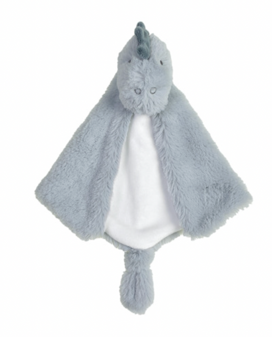 Happy Horse Dino Don Tuttle Comforter laid out facing forward on a white background; pale blue-grey fluffy dinosaur head with small dark eyes, two outlined stitched nostrils and a darker blue-grey plush crest. Broad draping plush sides frame a smooth white centre panel, with rounded side corners and a long narrow plush tail hanging below.