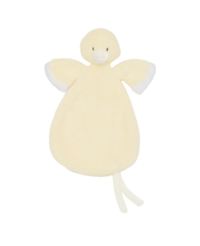 Happy Horse Cosy Duck Tuttle Comforter laid flat facing forward on white background; pale butter-yellow rounded duck head with two small dark eyes and a light cream beak above a broad, softly rounded cloth body. Outstretched wings have lighter cream edges, and two narrow cream fabric ends hang below the lower-right edge; soft plush surface visible throughout.