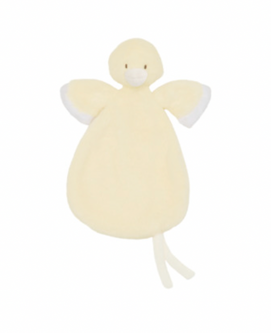 Happy Horse Cosy Duck Tuttle Comforter laid flat facing forward on white background; pale butter-yellow rounded duck head with two small dark eyes and a light cream beak above a broad, softly rounded cloth body. Outstretched wings have lighter cream edges, and two narrow cream fabric ends hang below the lower-right edge; soft plush surface visible throughout.