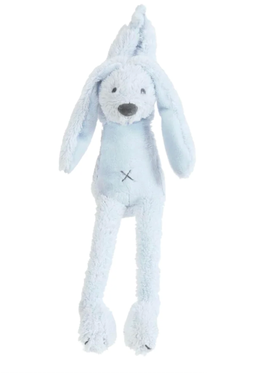Happy Horse Musical Richie Rabbit in Baby Blue shown hanging upright against a white background. Pale baby-blue textured plush surrounds a smoother blue tummy panel with a dark stitched cross. Very long floppy ears hang beside the body; small dark eyes and a charcoal-grey oval nose contrast with the rounded muzzle. Slender dangling legs end in oversized rounded plush feet with small dark stitched details, and pale-blue fabric ties extend above the head.
