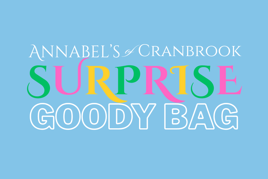 Text graphic reading 'ANNABEL'S CRANBROOK SURPRISE GOODY BAG' on a light blue background, with 'SURPRISE' in large multicolored letters and the rest in white.