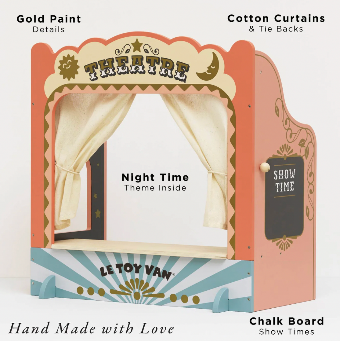 Le Toy Van puppet theatre with curtains and chalkboard, on a white background. TABLETOP PUPPET THEATRE | LE TOY VAN