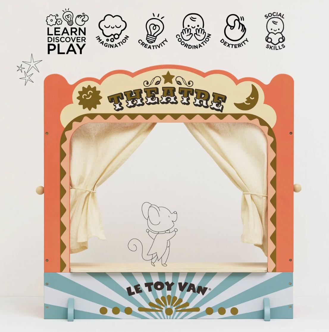 Children's theatre set with curtains and a mouse illustration, branded 'Le Toy Van', on a white background. TABLETOP PUPPET THEATRE | LE TOY VAN
