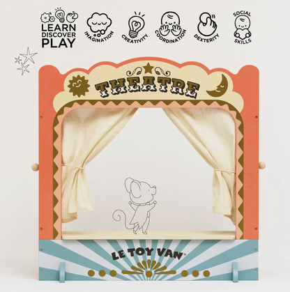 Children's theatre set with curtains and a mouse illustration, branded 'Le Toy Van', on a white background. TABLETOP PUPPET THEATRE | LE TOY VAN