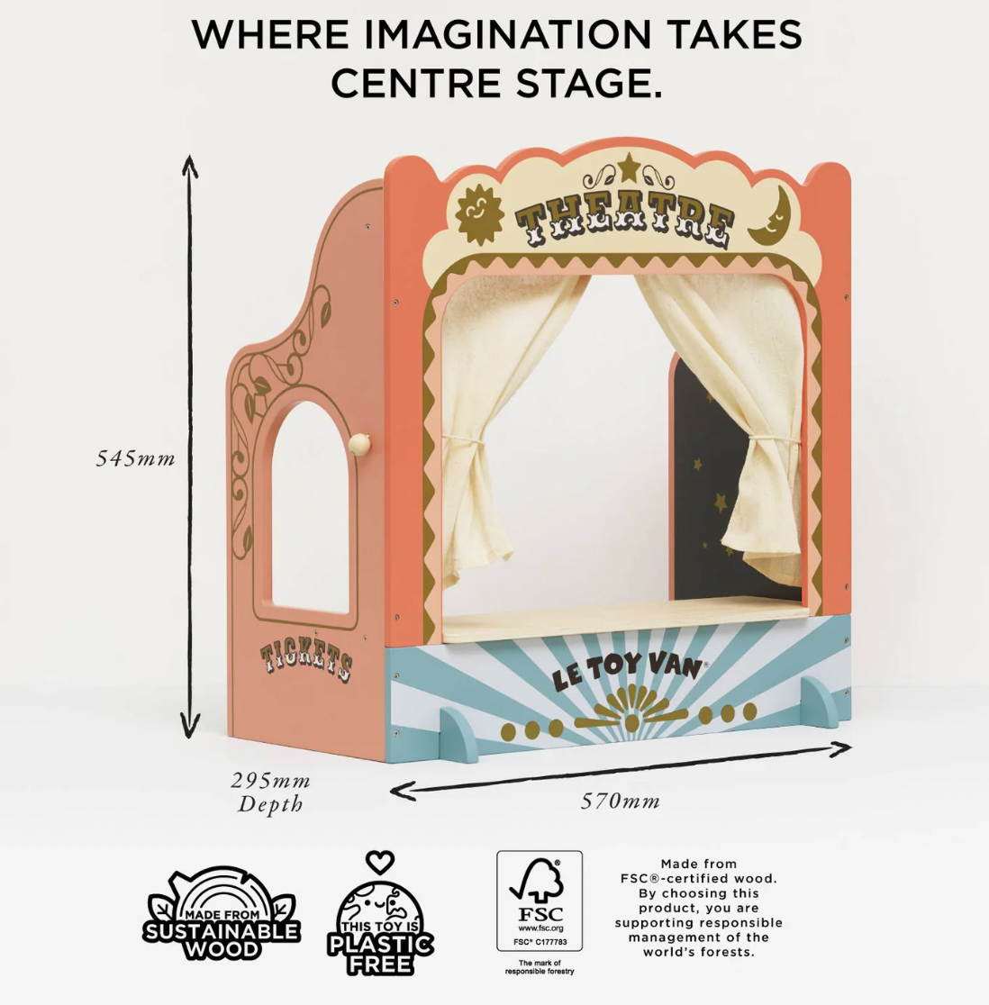 Le Toy Van puppet theatre with dimensions and sustainability certifications on a white background. TABLETOP PUPPET THEATRE | LE TOY VAN