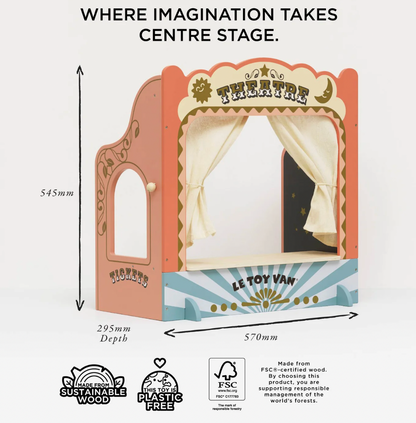 Le Toy Van puppet theatre with dimensions and sustainability certifications on a white background. TABLETOP PUPPET THEATRE | LE TOY VAN