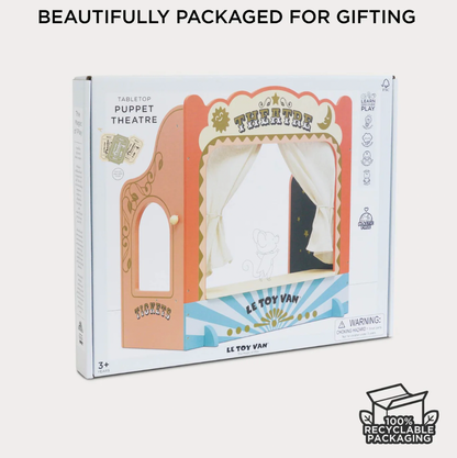 Le Toy Van tabletop puppet theatre packaging on a white background. TABLETOP PUPPET THEATRE | LE TOY VAN