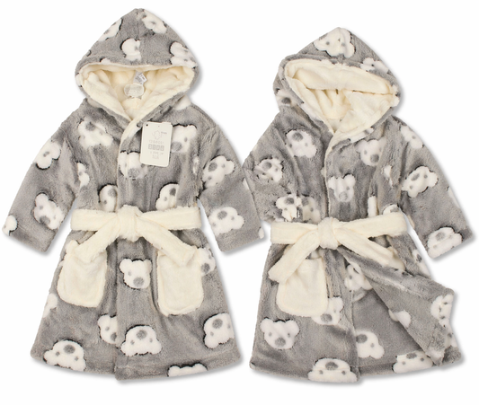 Grey teddy bear baby dressing gown by Nursery Time — soft grey fleece with all-over raised teddy bear face print, cream sherpa-lined hood, tie belt and teddy face front pocket — shown front and back view on white background