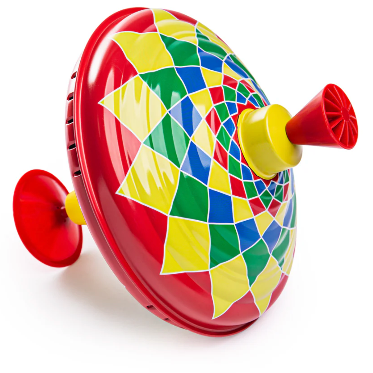 Colorful spinning top toy with a geometric pattern on a white background TIN HUMMING TOP | BIGJIGS