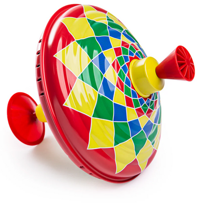 Colorful spinning top toy with a geometric pattern on a white background TIN HUMMING TOP | BIGJIGS