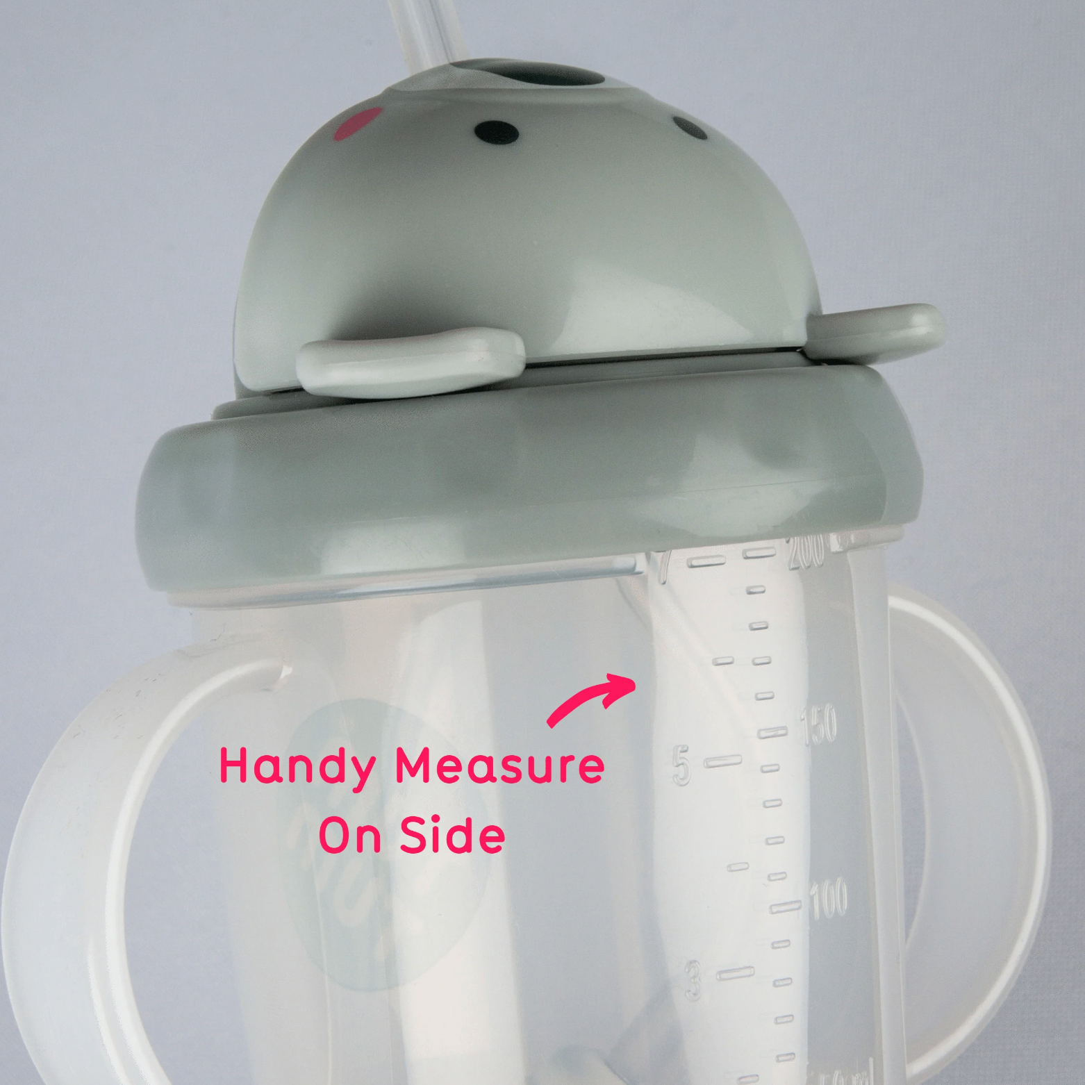 Gray sippy cup with measurement markings. TIPPY CUP WITH STRAW AND FLIP TOP LEAKPROOF LID- KEV KOALA | TUM TUM