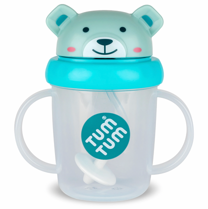 Children's sippy cup with bear design and Tum Tum logo. TIPPY CUP WITH STRAW AND FLIP TOP LEAKPROOF LID - BORIS BEAR BLUE | TUM TUM