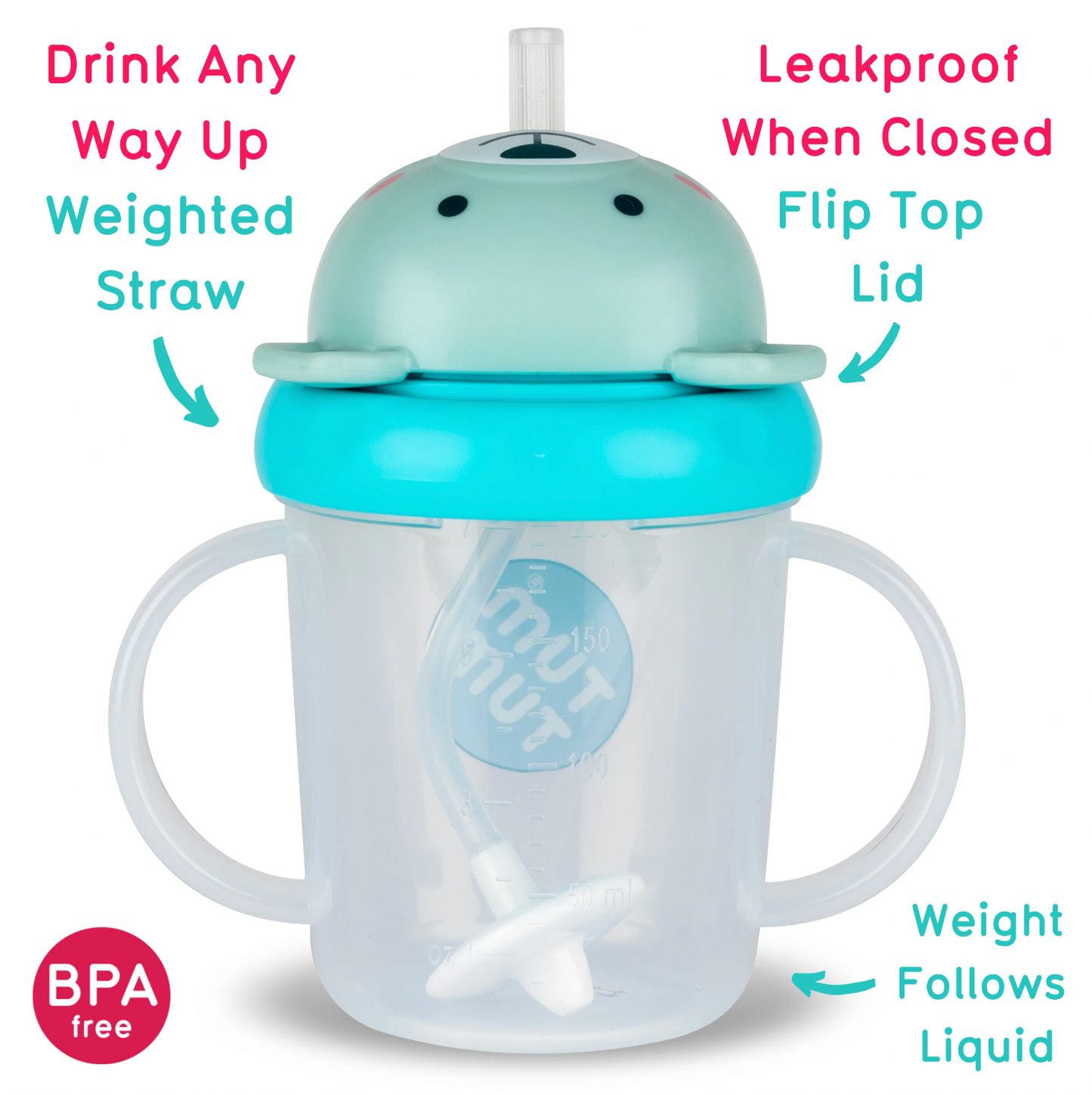 Children's sippy cup with features highlighted.TIPPY CUP WITH STRAW AND FLIP TOP LEAKPROOF LID - BORIS BEAR BLUE | TUM TUM