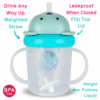 Children's sippy cup with features highlighted.TIPPY CUP WITH STRAW AND FLIP TOP LEAKPROOF LID - BORIS BEAR BLUE | TUM TUM