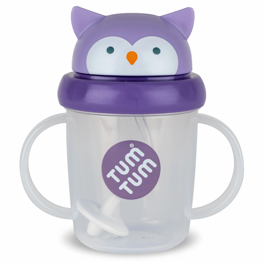 Tum Tum sippy cup with owl design. TIPPY CUP WITH STRAW AND FLIP TOP LEAKPROOF LID - OLIVIA OWL PURPLE | TUM TUM