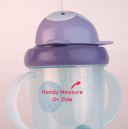 Purple lid sippy cup with measurement markings on a light pink background. TIPPY CUP WITH STRAW AND FLIP TOP LEAKPROOF LID - OLIVIA OWL PURPLE | TUM TUM
