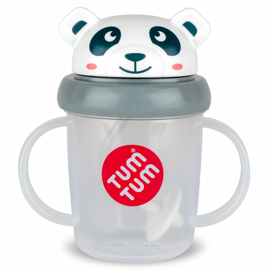 Panda-themed sippy cup with a gray lid and 'Tum Tum' logo. TIPPY CUP WITH STRAW AND FLIP TOP LEAKPROOF LID - PANDA | TUM TUM