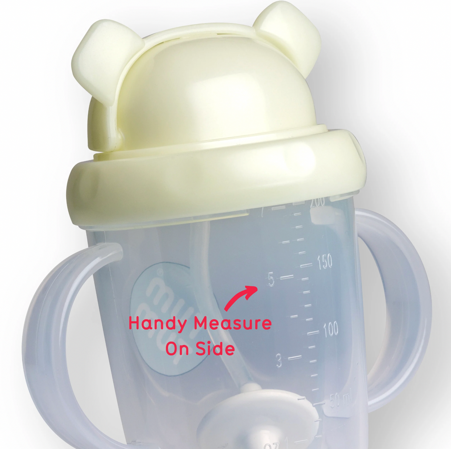 Baby sippy cup with a lid featuring bear ears, clear body with measurement markings. TIPPY CUP WITH STRAW AND FLIP TOP LEAKPROOF LID - PETE POLAR BEAR (GLOW IN THE DARK)  | TUM TUM
