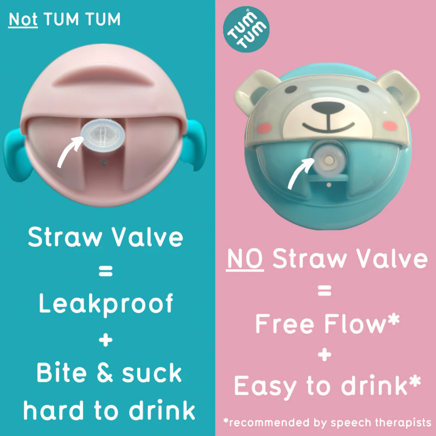 Comparison of Tum Tum drink bottles with and without straw valve on a pink and blue background. TIPPY CUP WITH STRAW AND FLIP TOP LEAKPROOF LID - PETE POLAR BEAR (GLOW IN THE DARK)  | TUM TUM
