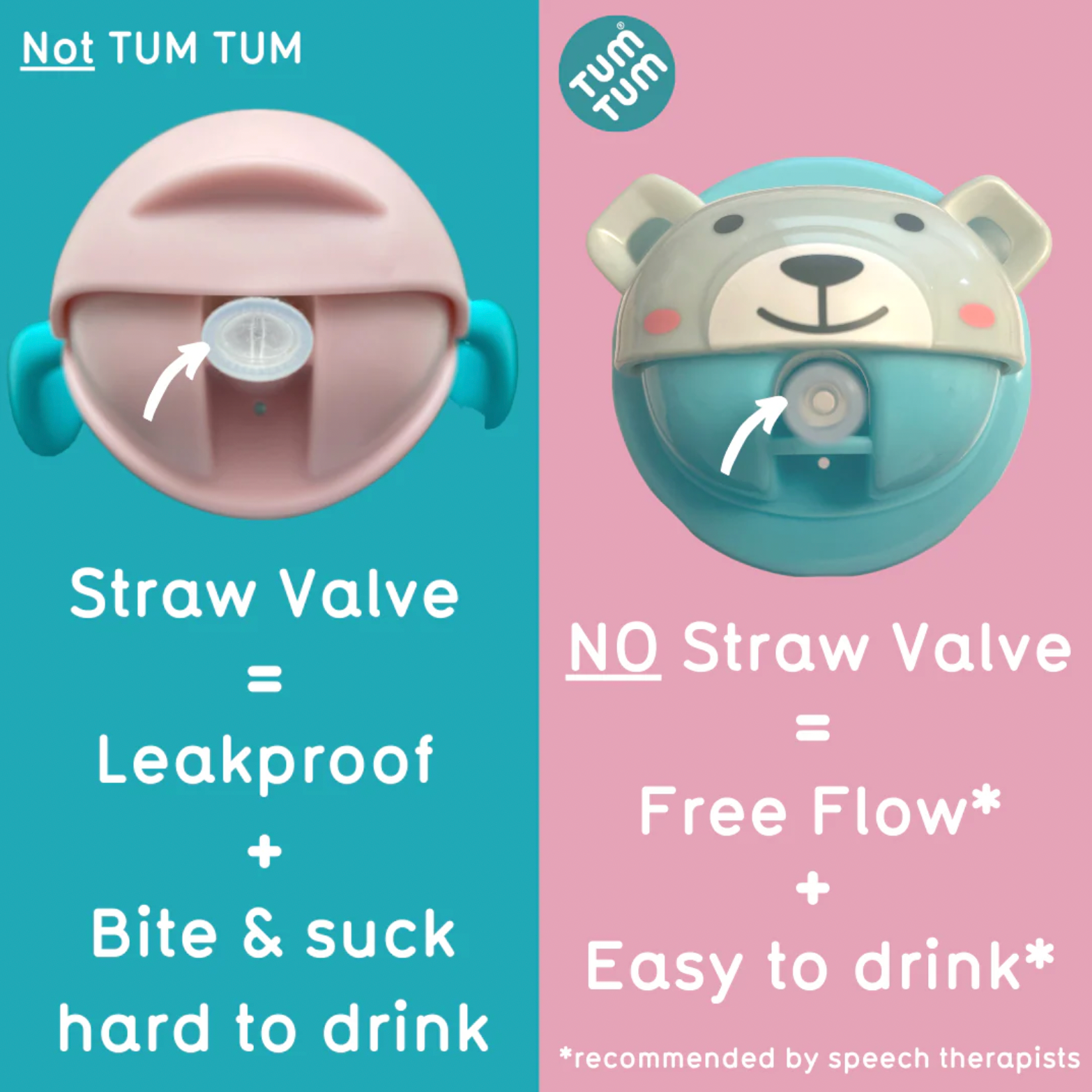 Comparison of Tum Tum drink bottles with and without straw valve on a pink and blue background. TIPPY CUP WITH STRAW AND FLIP TOP LEAKPROOF LID - PETE POLAR BEAR (GLOW IN THE DARK)  | TUM TUM