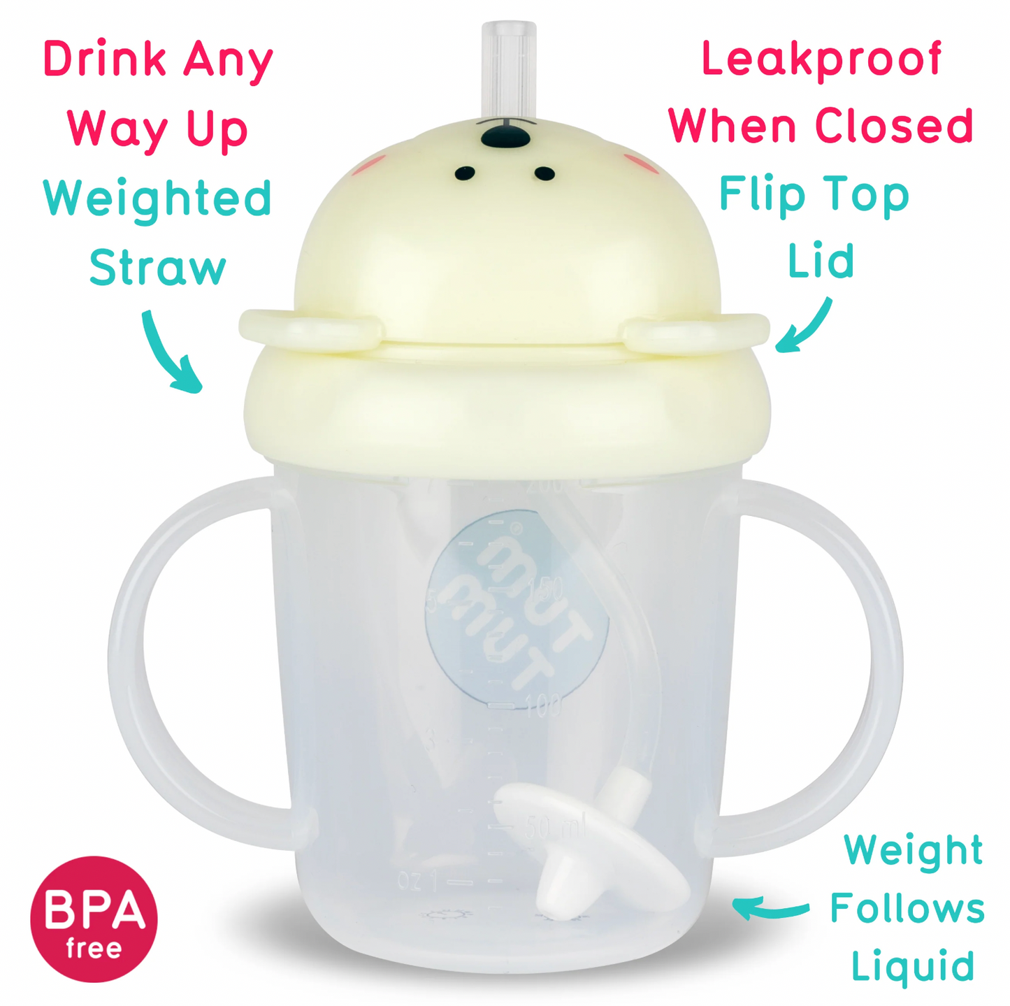Children's sippy cup with features highlighted. TIPPY CUP WITH STRAW AND FLIP TOP LEAKPROOF LID - PETE POLAR BEAR (GLOW IN THE DARK)  | TUM TUM
