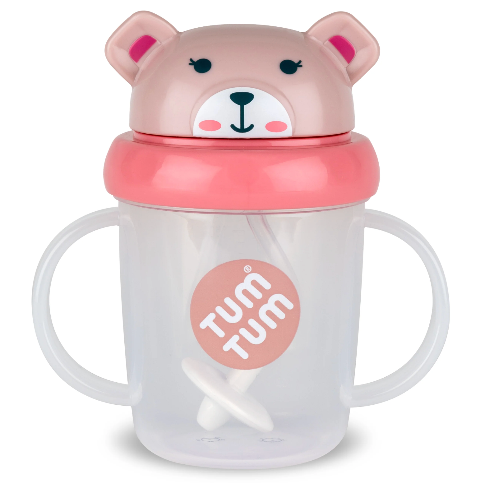 Pink bear-shaped lid on a Tum Tum cup. TIPPY CUP WITH STRAW AND FLIP TOP LEAKPROOF LID - PINK BETSY BEAR | TUM TUM