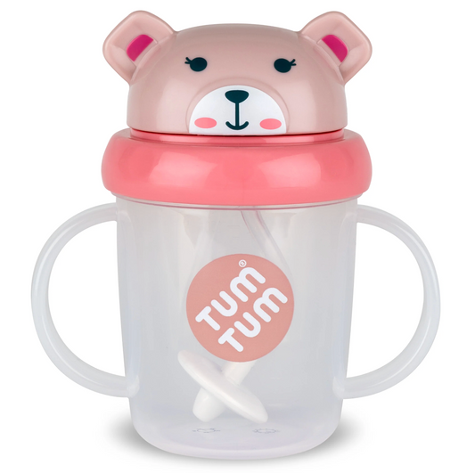 Pink bear-shaped lid on a Tum Tum cup. TIPPY CUP WITH STRAW AND FLIP TOP LEAKPROOF LID - PINK BETSY BEAR | TUM TUM