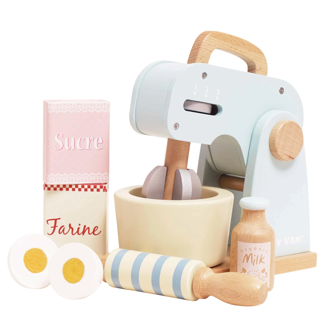Set of wooden kitchen toys including a mixer, rolling pin, and containers on a white background. TOY BAKERS MIXER SET AND ACCESSORIES | LE TOY VAN