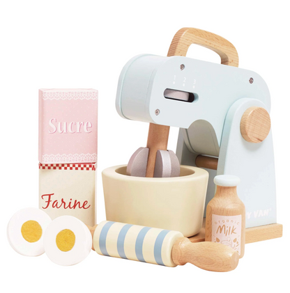 Set of wooden kitchen toys including a mixer, rolling pin, and containers on a white background. TOY BAKERS MIXER SET AND ACCESSORIES | LE TOY VAN