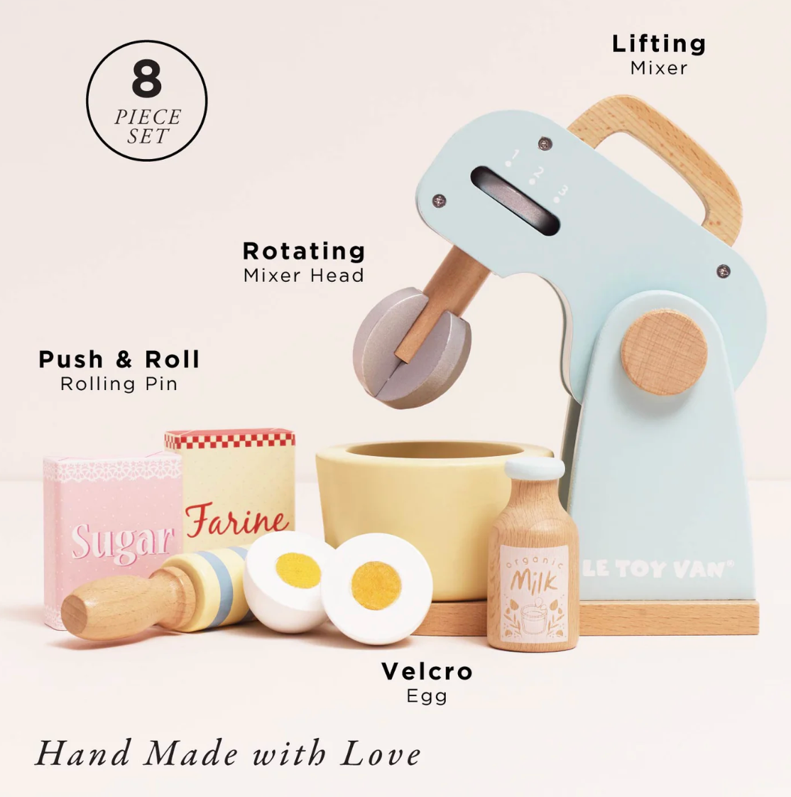 Set of toy kitchen items including a mixer, rolling pin, and eggs on a white background. TOY BAKERS MIXER SET AND ACCESSORIES | LE TOY VAN