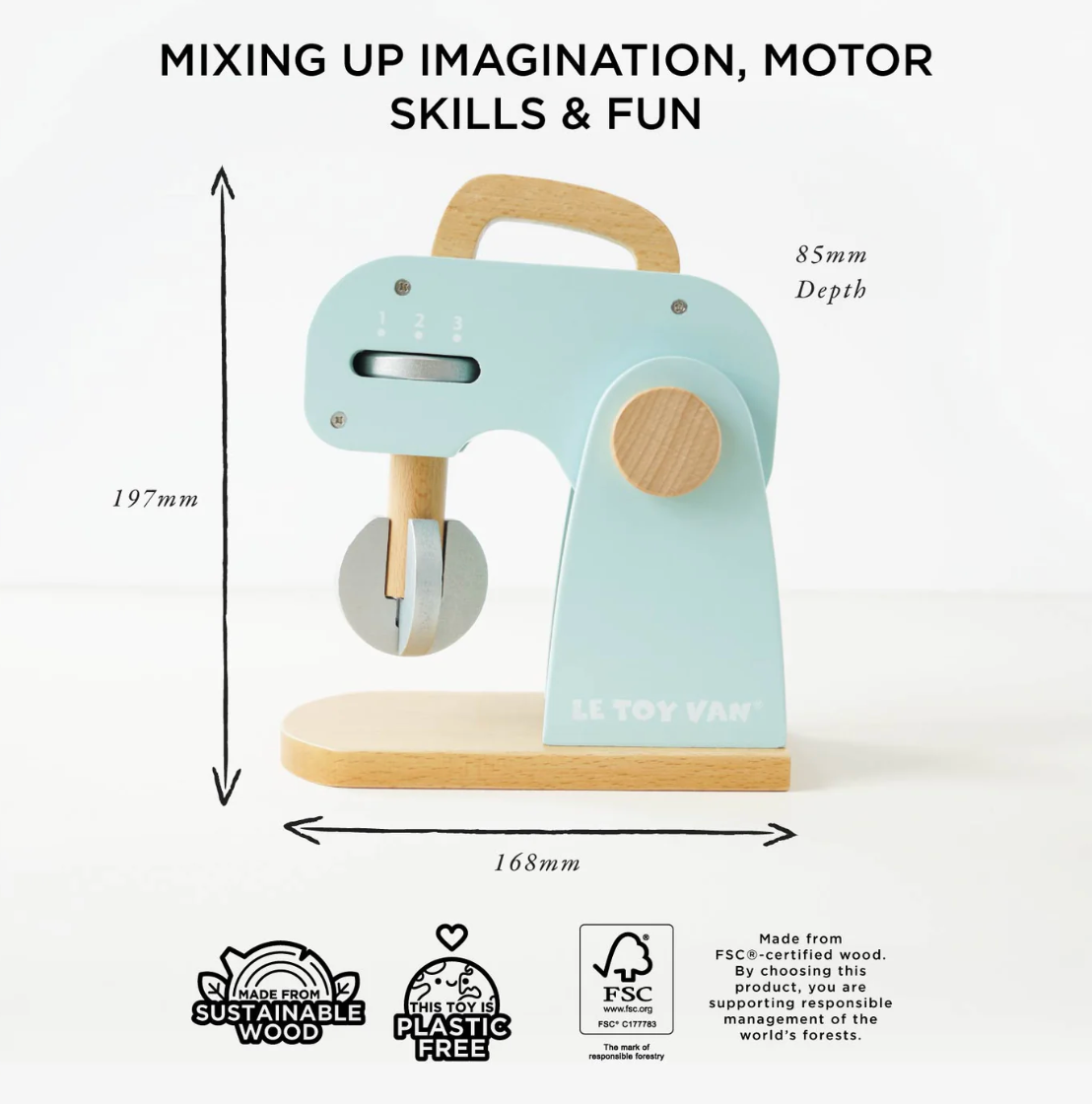 Wooden toy mixer with measurements and sustainability labels on a white background. TOY BAKERS MIXER SET AND ACCESSORIES | LE TOY VAN