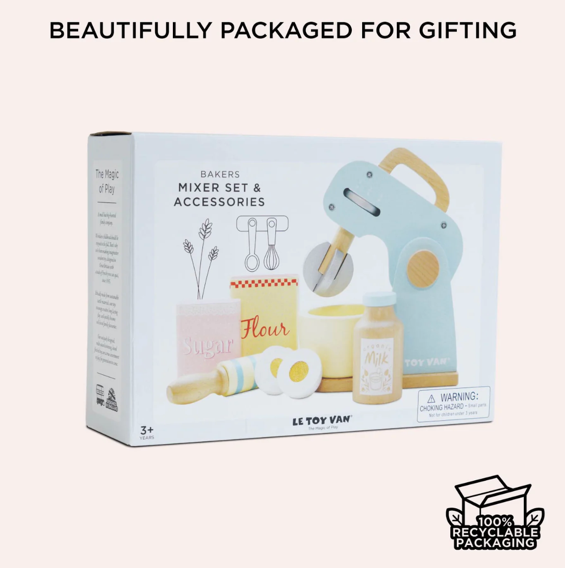 Le Toy Van baker's mixer set packaging with toy mixer and accessories on a white background. TOY BAKERS MIXER SET AND ACCESSORIES | LE TOY VAN