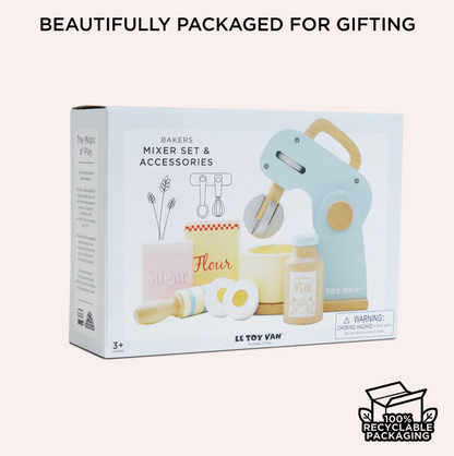 Le Toy Van baker's mixer set packaging with toy mixer and accessories on a white background. TOY BAKERS MIXER SET AND ACCESSORIES | LE TOY VAN