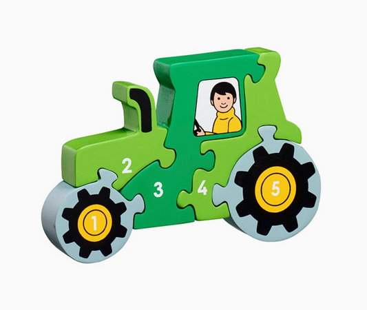 Toy puzzle shaped like a green tractor with numbered wheels on a white background TRACTOR 1-5 PUZZLE - HANDMADE & FAIRTRADE | LANKA KADE