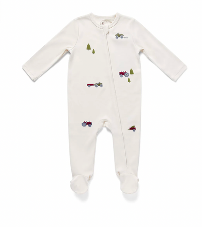 White baby onesie with embroidered designs. TRACTOR EMBROIDERED BABY SLEEPSUIT | ELEANOR CHARLES