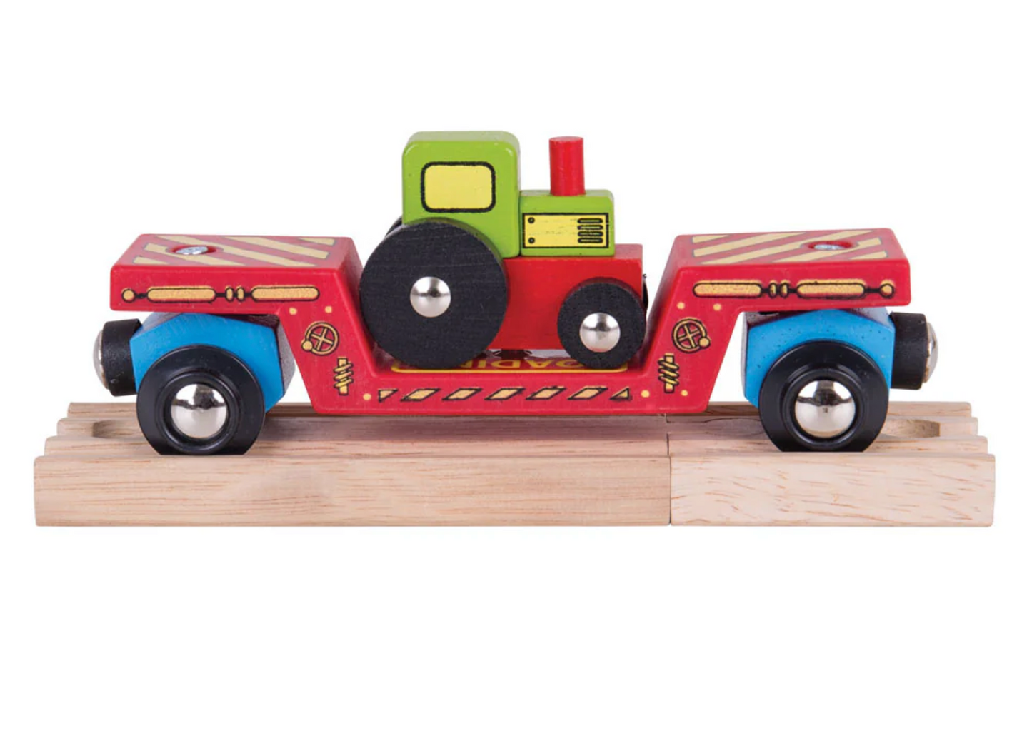 Colorful wooden toy truck. TRACTOR LOW LOADER TRAIN ACCESSORY | BIGJIGS RAIL