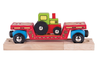 Colorful wooden toy truck. TRACTOR LOW LOADER TRAIN ACCESSORY | BIGJIGS RAIL