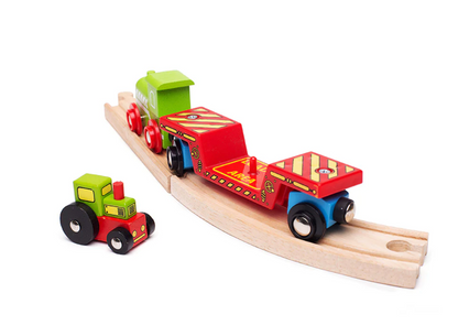 Wooden toy train set. TRACTOR LOW LOADER TRAIN ACCESSORY | BIGJIGS RAIL