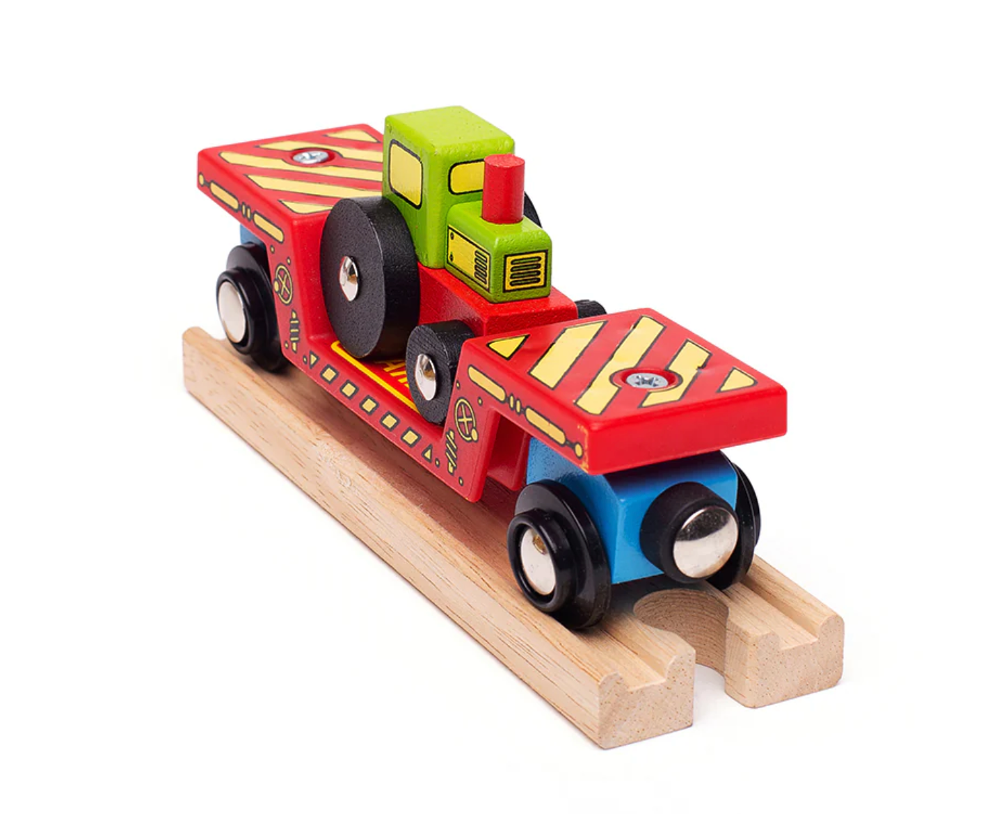 Colorful toy train on a wooden track. TRACTOR LOW LOADER TRAIN ACCESSORY | BIGJIGS RAIL