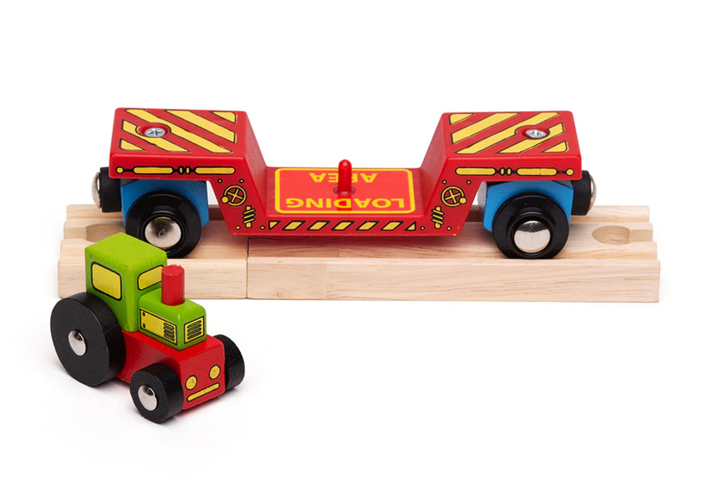 Wooden toy truck with trailer and tractor. TRACTOR LOW LOADER TRAIN ACCESSORY | BIGJIGS RAIL