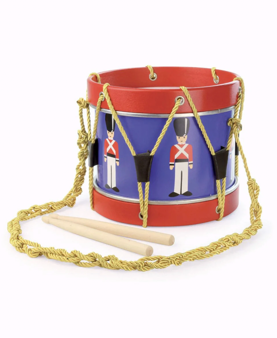 Toy drum with rope handles and toy soldier design. TRADITIONAL TOY DRUM - THE LITTLE DRUMMER | VILAC