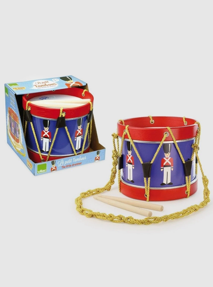 Children's drum set with red, blue, and white design. TRADITIONAL TOY DRUM - THE LITTLE DRUMMER | VILAC