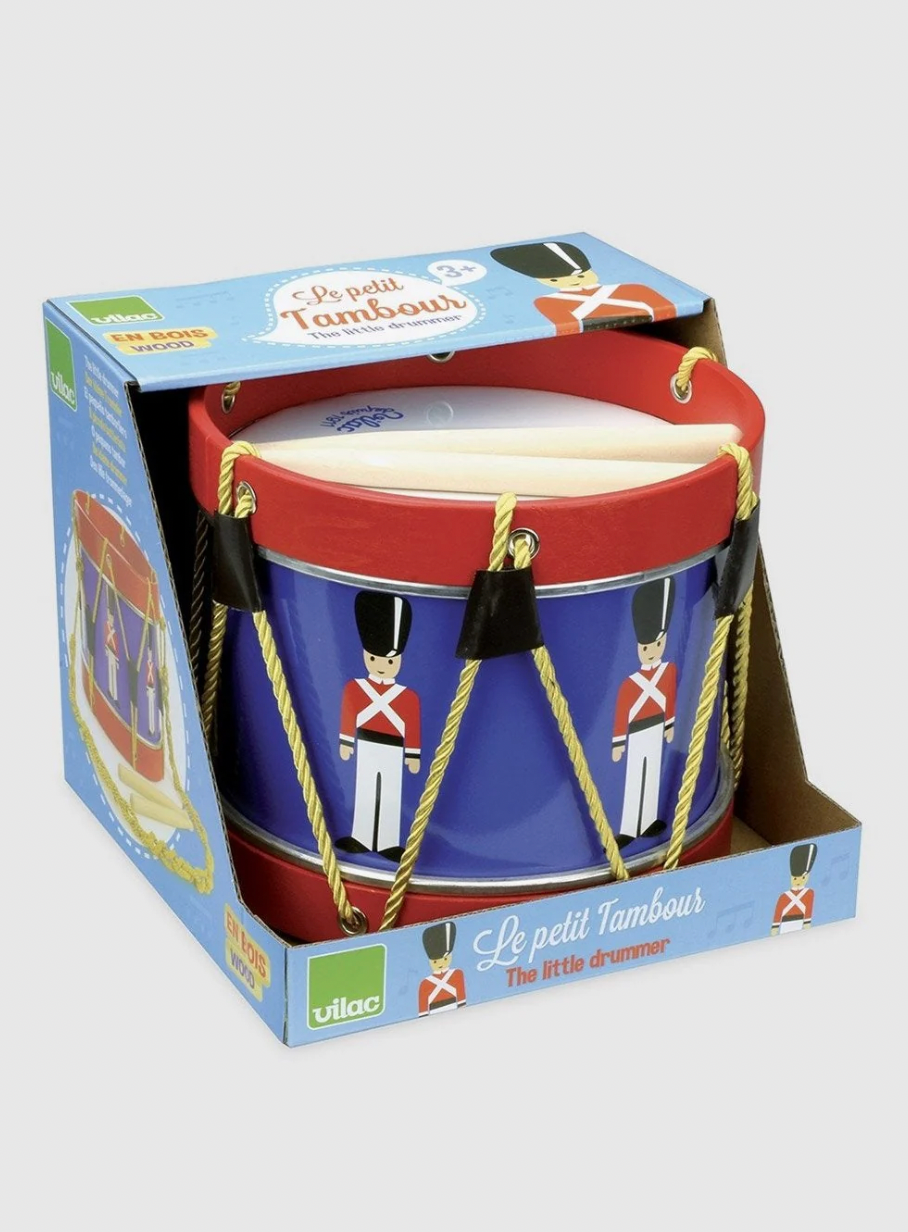 Children's drum in packaging with toy soldiers. TRADITIONAL TOY DRUM - THE LITTLE DRUMMER | VILAC