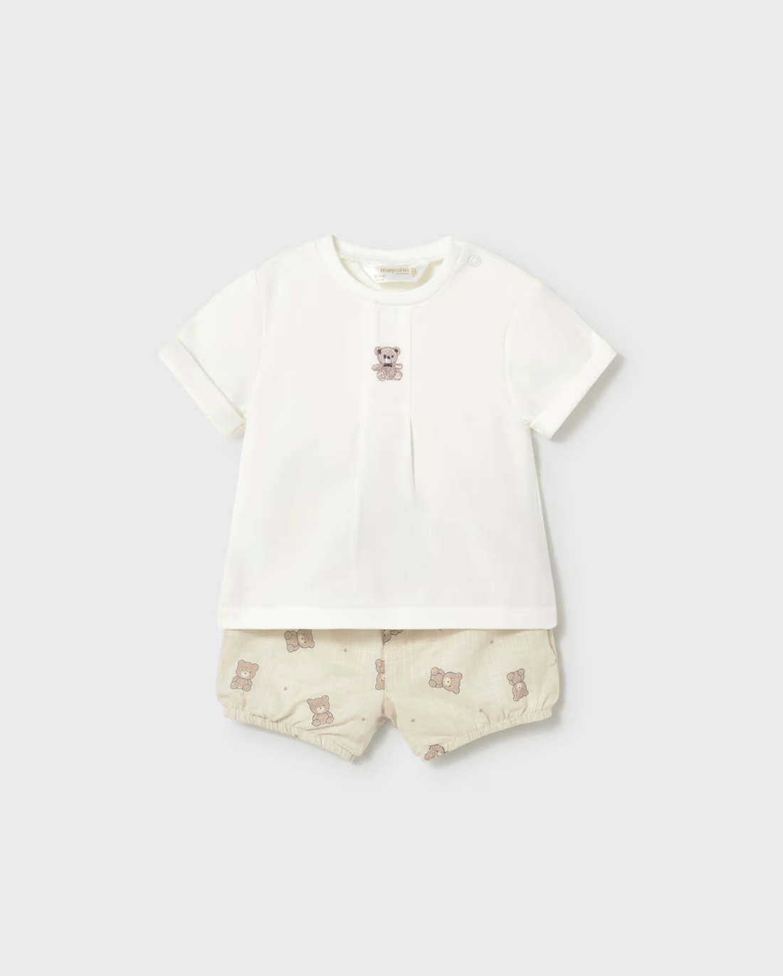 Children's outfit with white shirt and patterned shorts. UNISEX NEUTRAL BABY SHORTS & T-SHIRT SET | MAYORAL