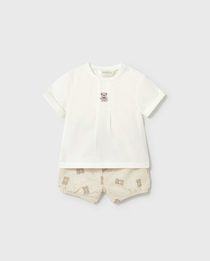 Children's outfit with white shirt and patterned shorts. UNISEX NEUTRAL BABY SHORTS & T-SHIRT SET | MAYORAL