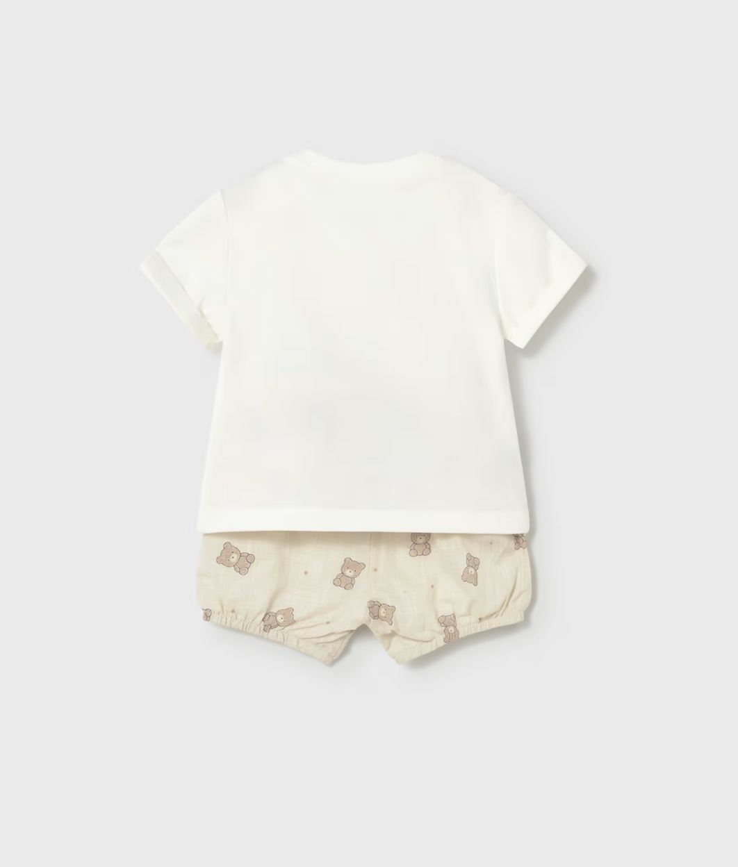 White t-shirt and beige shorts with pattern on a white background. UNISEX NEUTRAL BABY SHORTS & T-SHIRT SET | MAYORAL