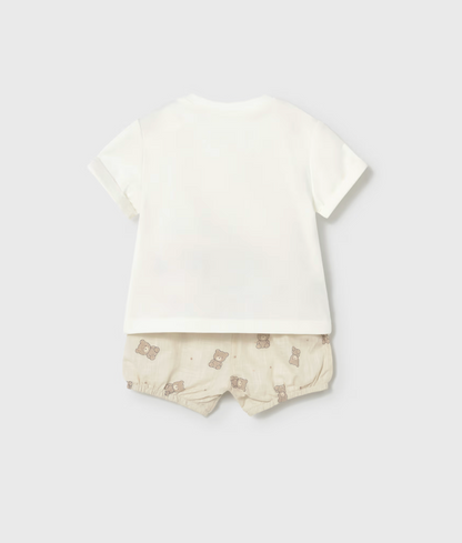 White t-shirt and beige shorts with pattern on a white background. UNISEX NEUTRAL BABY SHORTS & T-SHIRT SET | MAYORAL