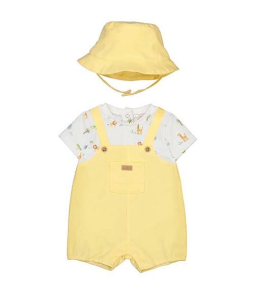unisex Mayoral Yellow baby romper with matching hat 