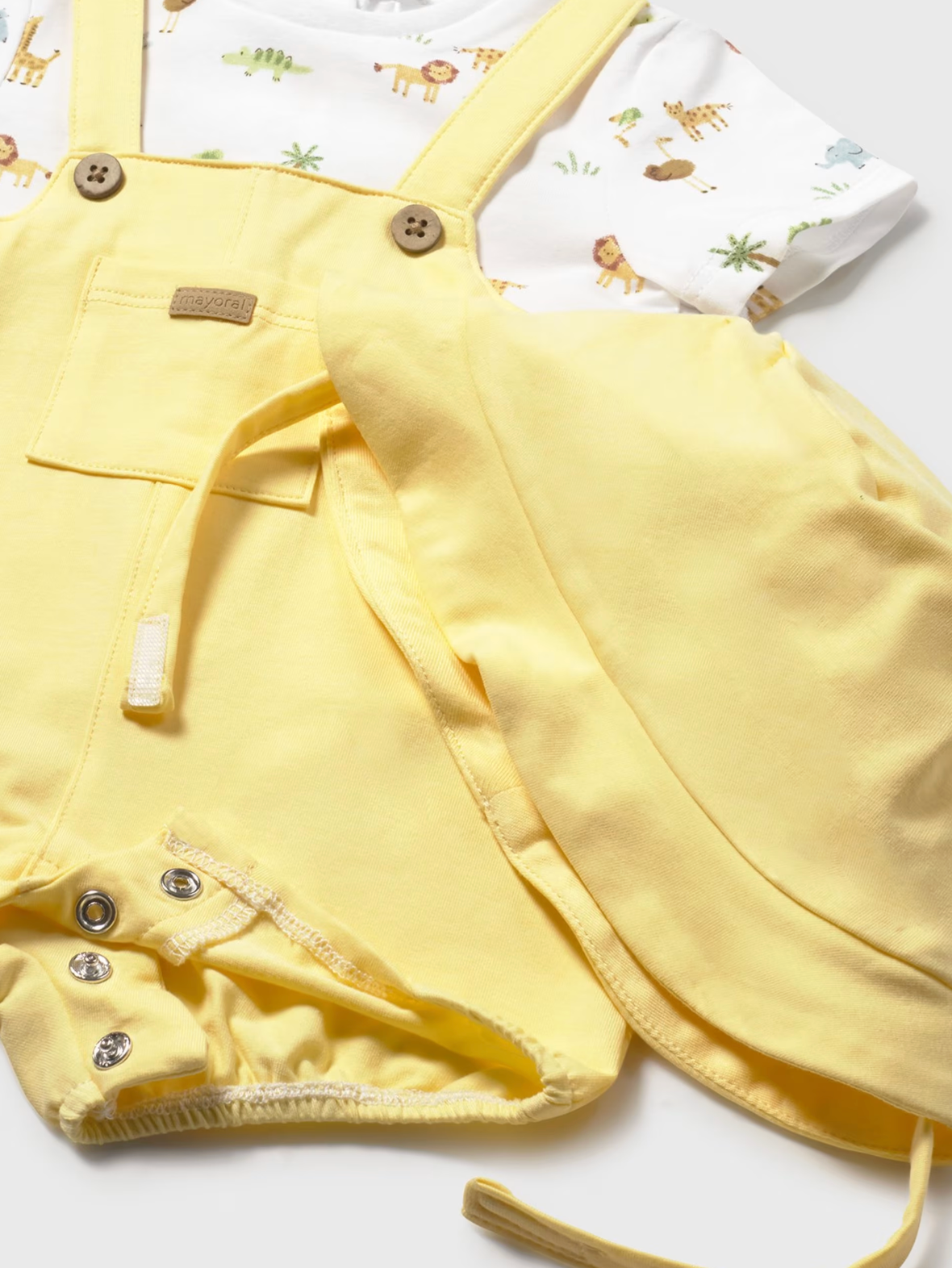 Yellow baby romper with buttons. UNISEX SUNSHINE SAFARI BABY DUNGAREES WITH HAT | MAYORAL